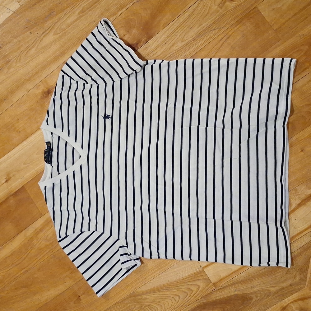 Polo Ralph Lauren Striped Vneck Short Sleeve Cotton Tee Size L Navy Blue White - Picture 3 of 7